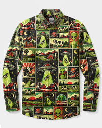 RETRO UFO COW ABDUCTION PATCHWORK LONG SLEEVE BUTTON-DOWN SHIRT - TLHN1609266