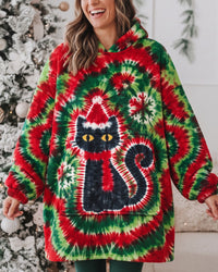 SANTA BLACK CAT CHRISTMAS BURST SHERPA BLANKET HOODIE - TLTW2010263