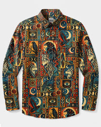 TRIBAL WOLF AND RAVEN MYSTIC PATCHWORK LONG SLEEVE BUTTON-DOWN SHIRT - TLHN0809265