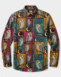 RETRO OWL ART LONG SLEEVE BUTTON-DOWN SHIRT - TLHN2908263