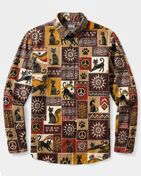 BOHO TRIBAL CAT PATCHWORK LONG SLEEVE BUTTON-DOWN SHIRT  - TLHN1908266