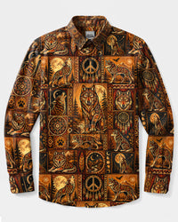 ORNATE TRIBAL MOON WOLF PATCHWORK LONG SLEEVE BUTTON-DOWN SHIRT  - TLHN2508263