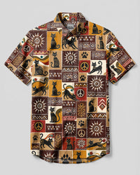 BOHO TRIBAL CAT PATCHWORK BUTTON-DOWN COLLAR SHIRT  - TLHN1908264