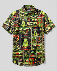 RETRO UFO COW ABDUCTION PATCHWORK BUTTON-DOWN COLLAR SHIRT - TLHN1609264
