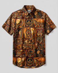 ORNATE TRIBAL MOON WOLF PATCHWORK BUTTON-DOWN COLLAR SHIRT  - TLHN2508261