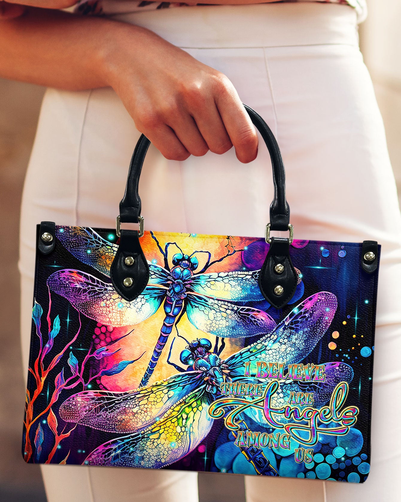 I BELIEVE THERE ARE ANGELS AMONG US DRAGONFLY LEATHER HANDBAG - TLTR0908245