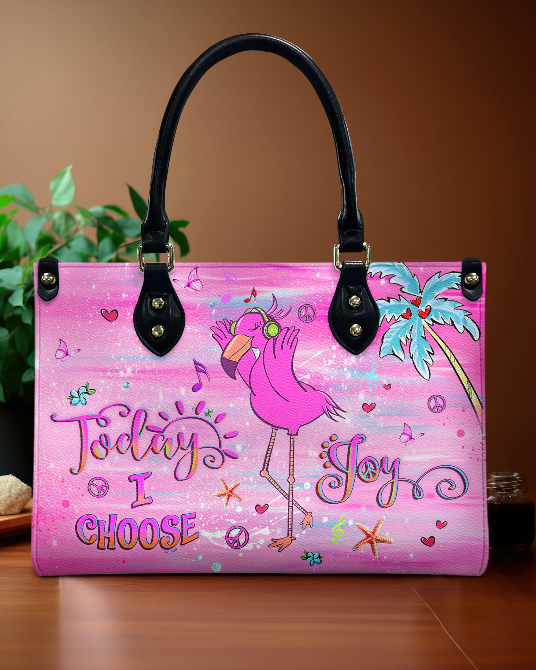 TODAY I CHOOSE JOY FLAMINGO LEATHER HANDBAG - YHLT0710244