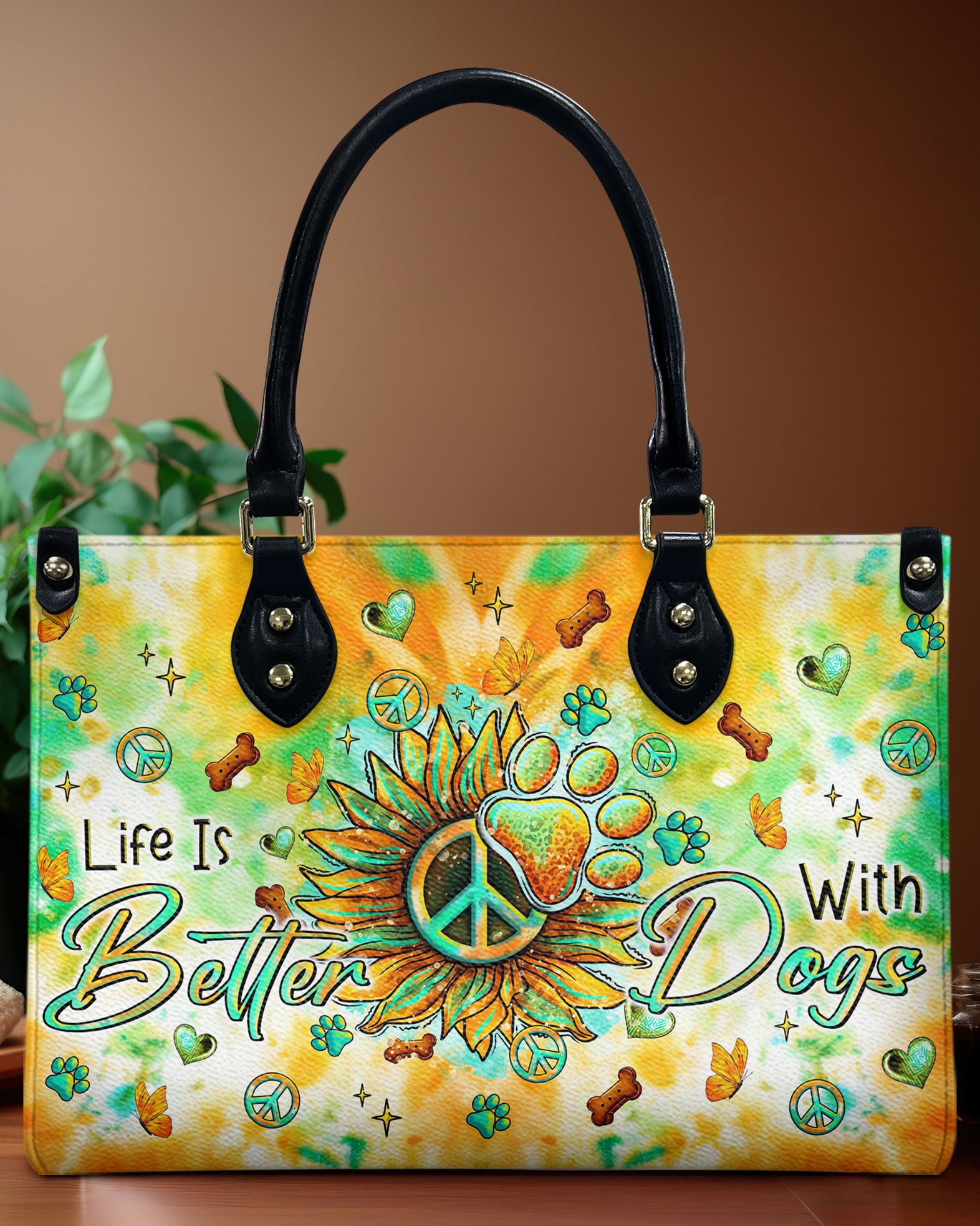 LIFE IS BETTER WITH DOGS SUNFLOWER LEATHER HANDBAG - TLTR2106245