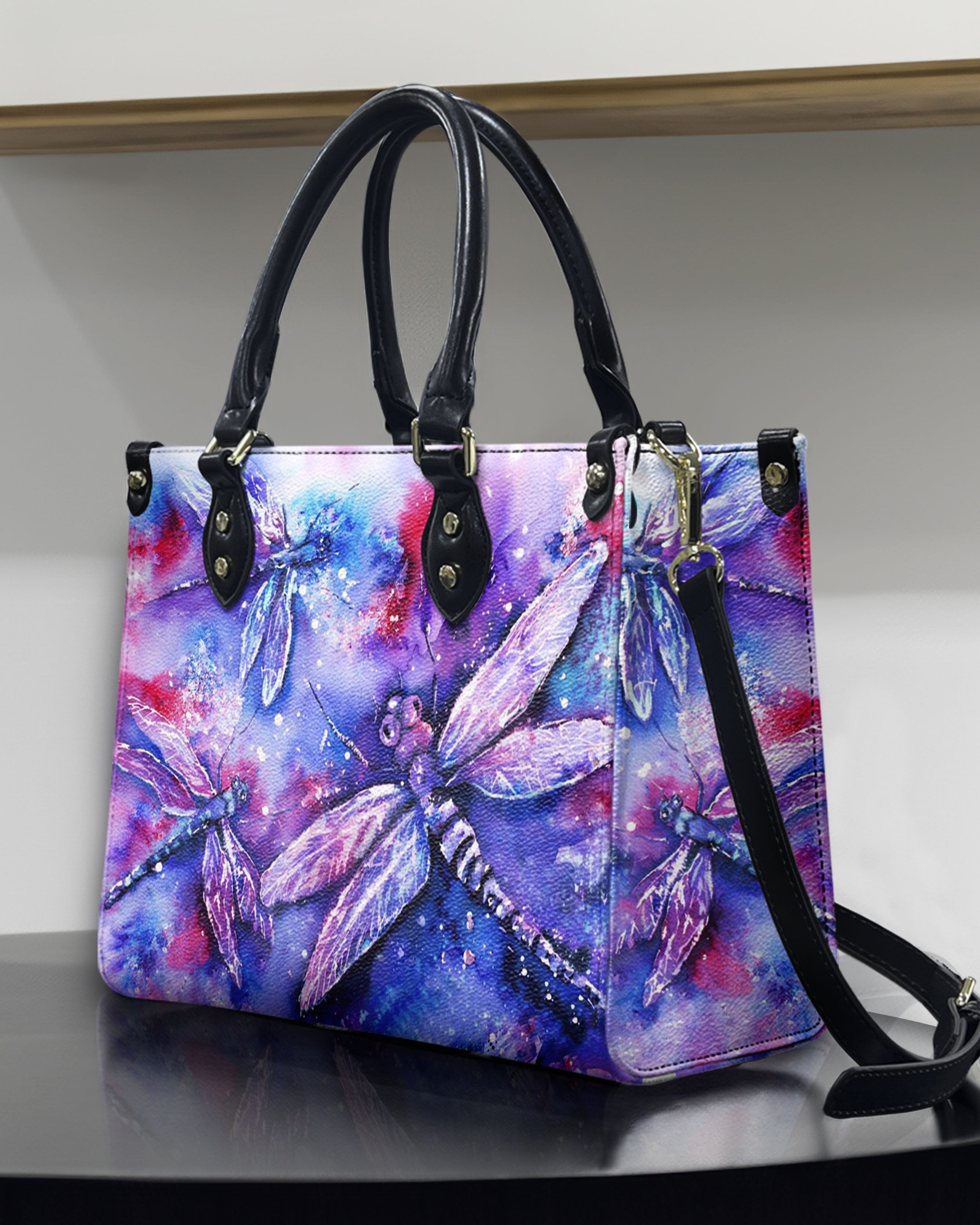 COLORFUL PAINTING DRAGONFLIES LEATHER HANDBAG - YHHN1010244