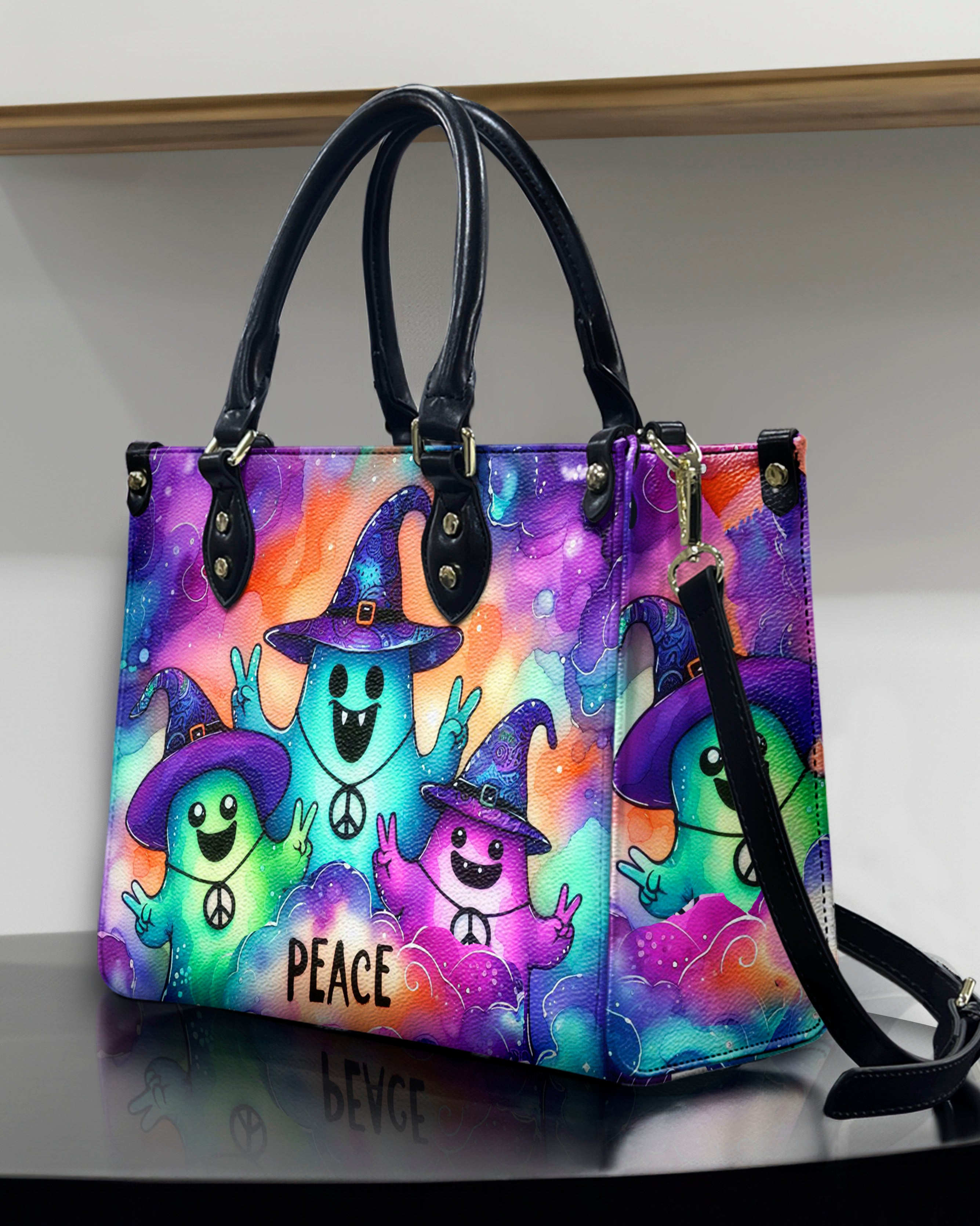 PEACE CUTE GHOST HALLOWEEN LEATHER HANDBAG - YHHN0808244