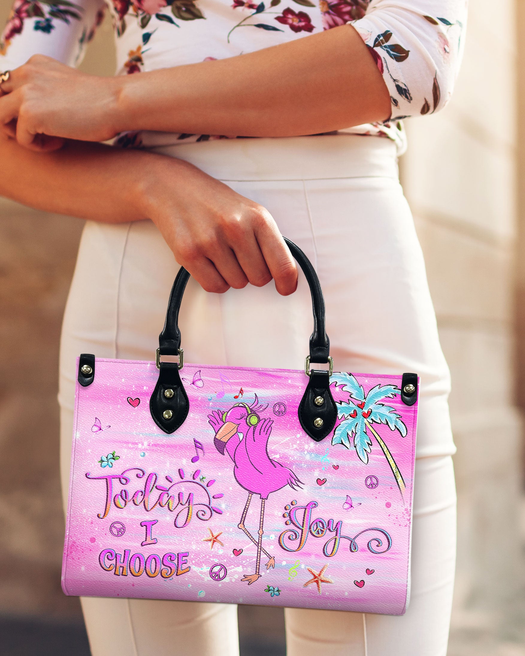 TODAY I CHOOSE JOY FLAMINGO LEATHER HANDBAG - YHLT0710244