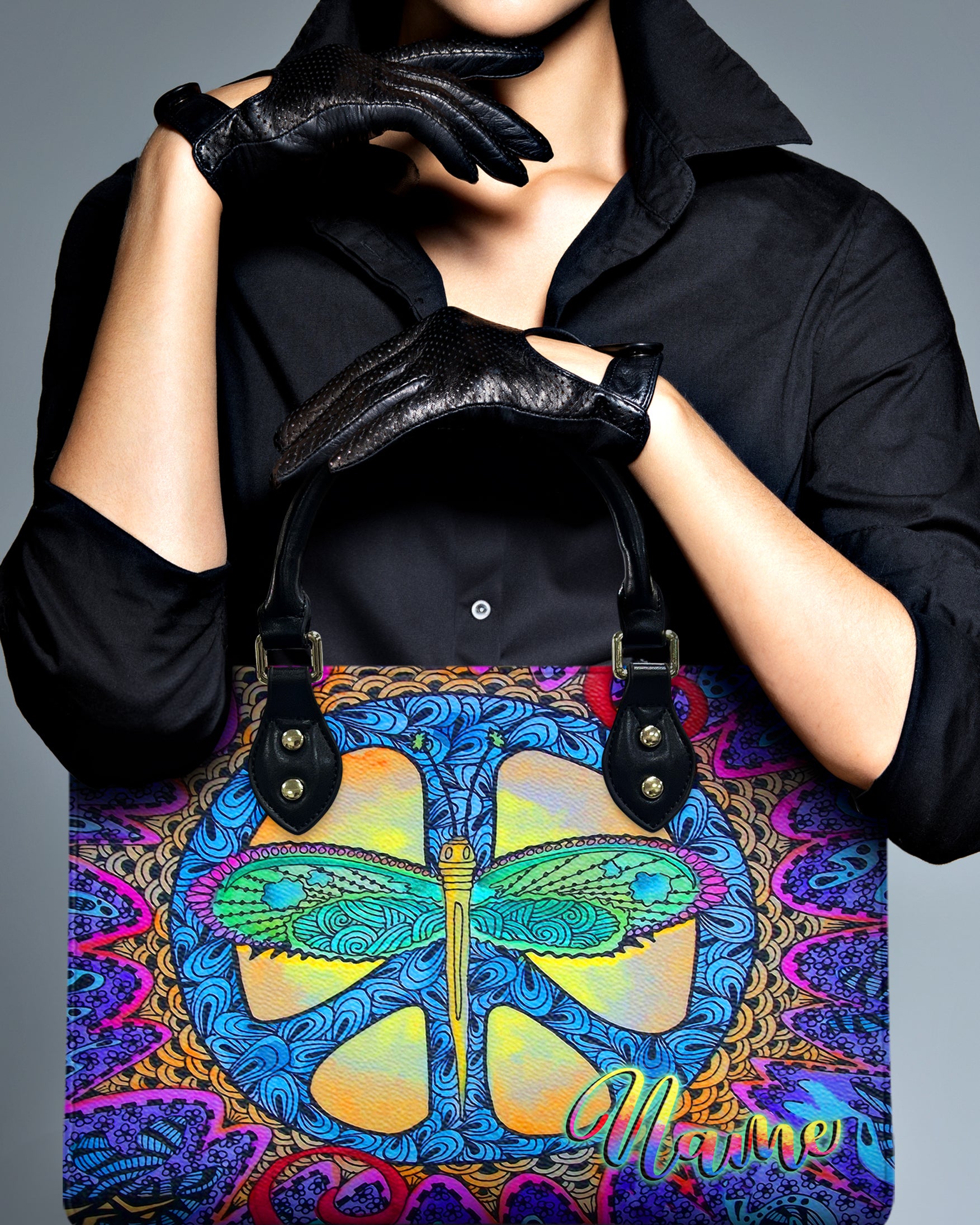 HIPPIE PSYCHEDELIC DRAGONFLY LEATHER HANDBAG - YHLT2309244