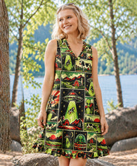 RETRO UFO COW ABDUCTION PATCHWORK V-NECK TUNIC DRESS  - TLHN2809265