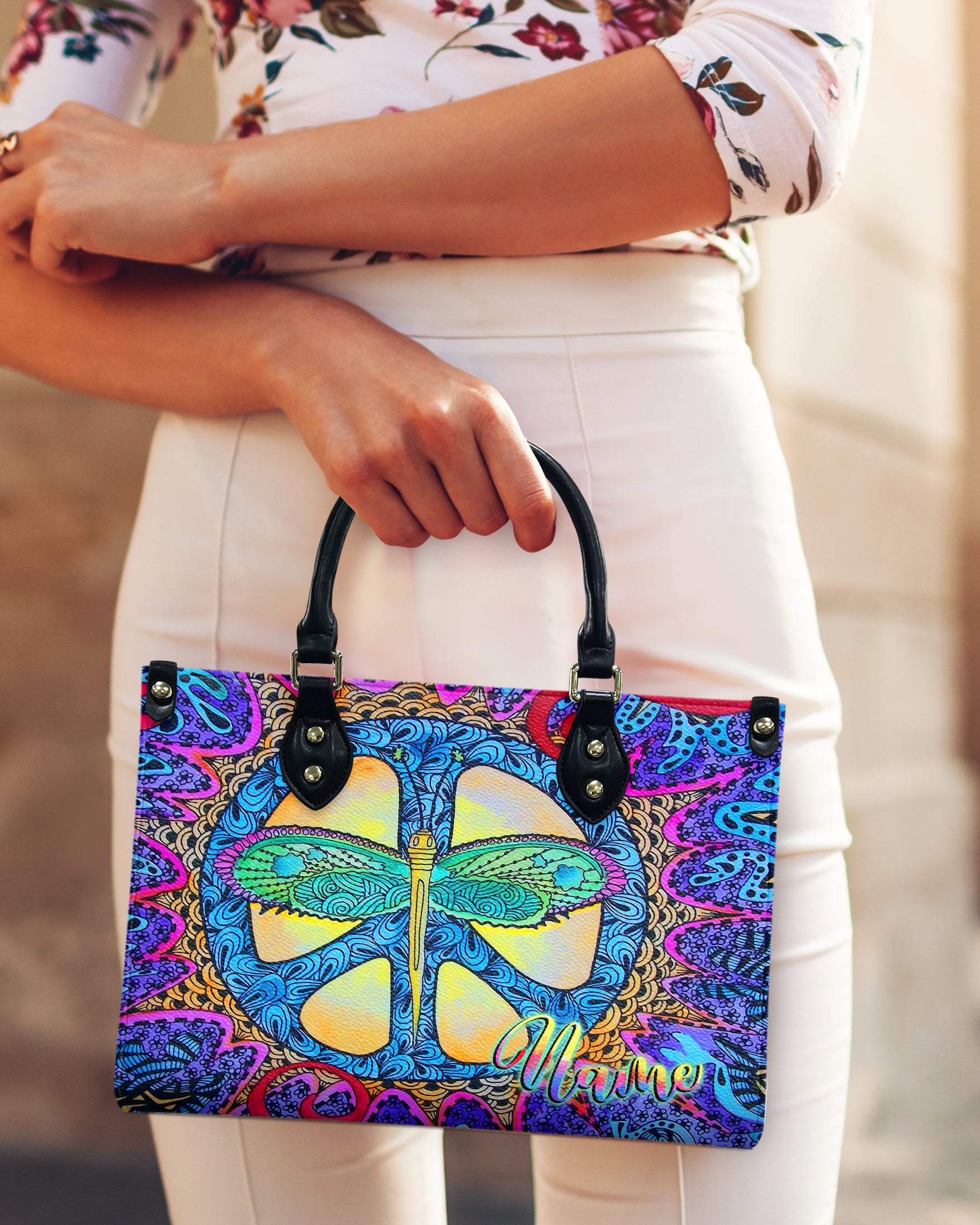 HIPPIE PSYCHEDELIC DRAGONFLY LEATHER HANDBAG - YHLT2309244