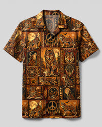 ORNATE TRIBAL MOON WOLF PATCHWORK CAMP SHIRT  - TLHN2508262