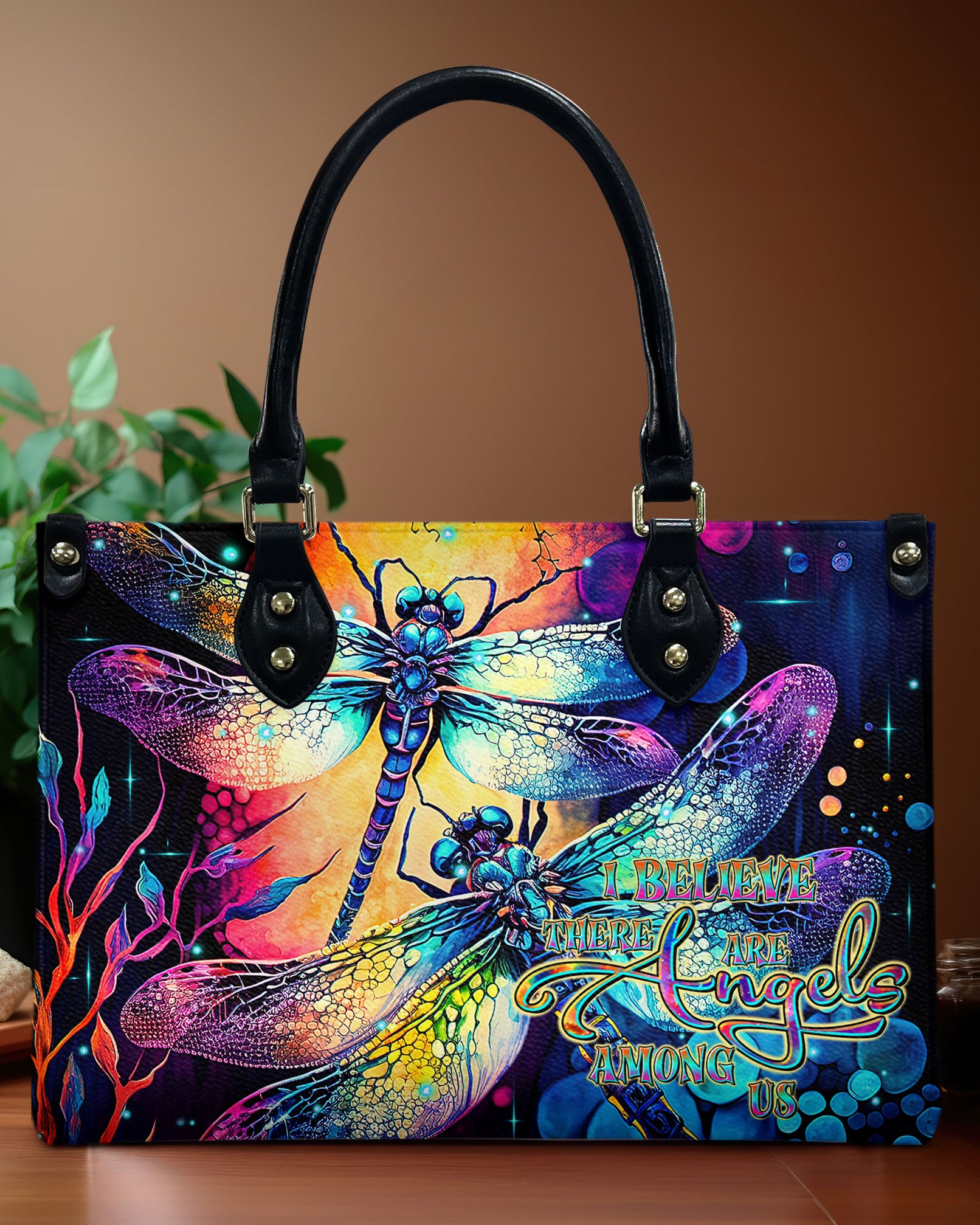 I BELIEVE THERE ARE ANGELS AMONG US DRAGONFLY LEATHER HANDBAG - TLTR0908245