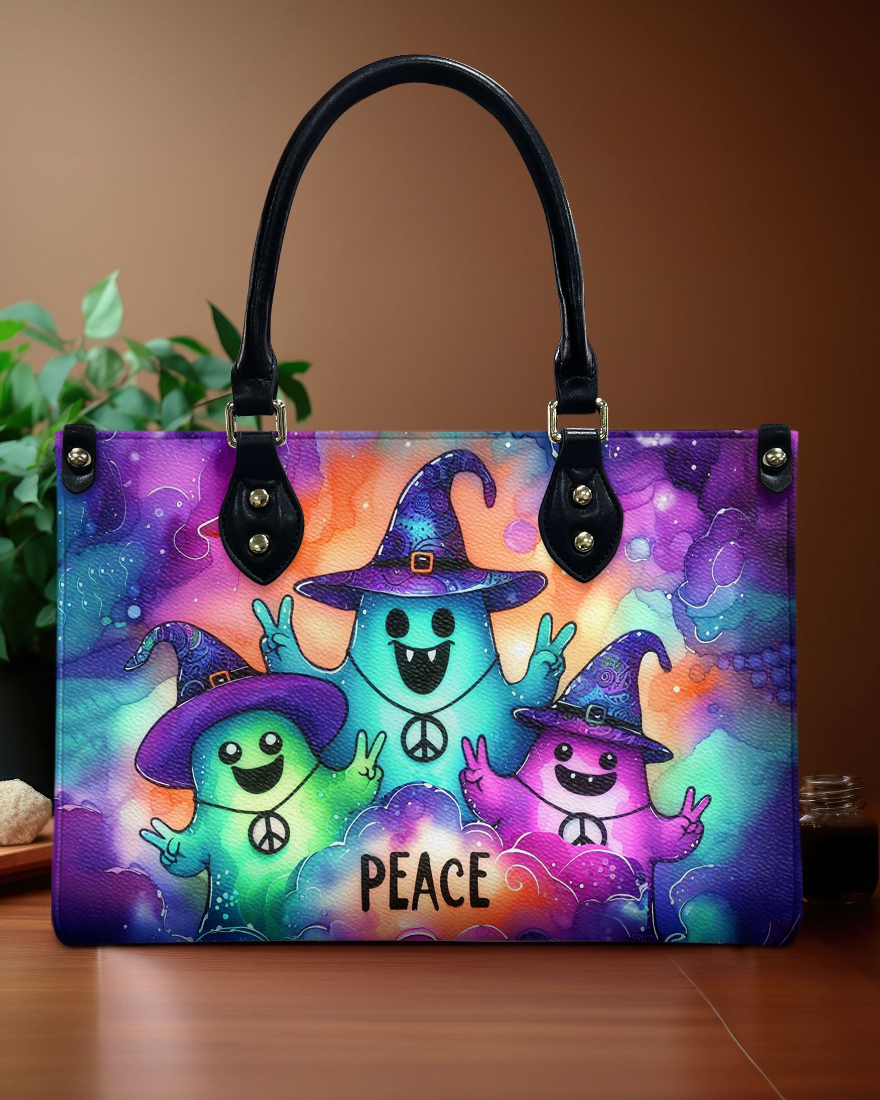 PEACE CUTE GHOST HALLOWEEN LEATHER HANDBAG - YHHN0808244