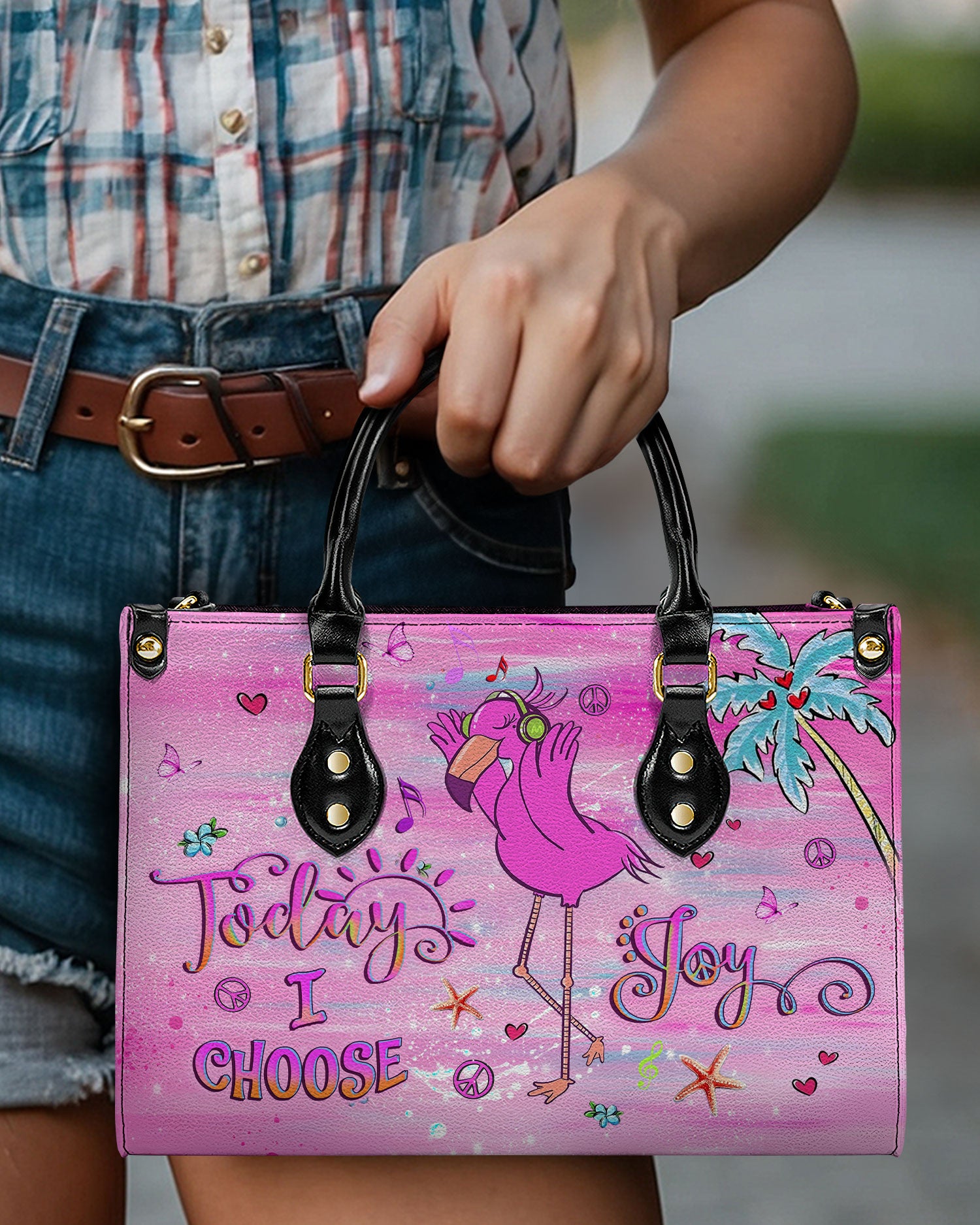 TODAY I CHOOSE JOY FLAMINGO LEATHER HANDBAG - YHLT0710244