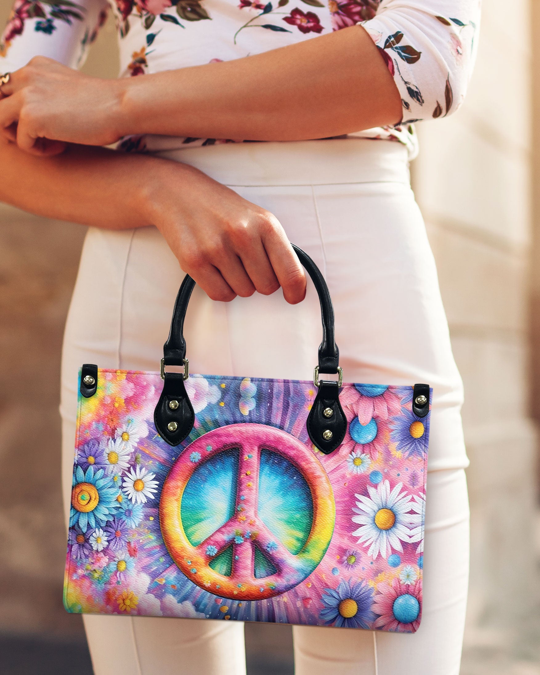 COLORFUL PEACE FLOWER LEATHER HANDBAG - YHLT0512244