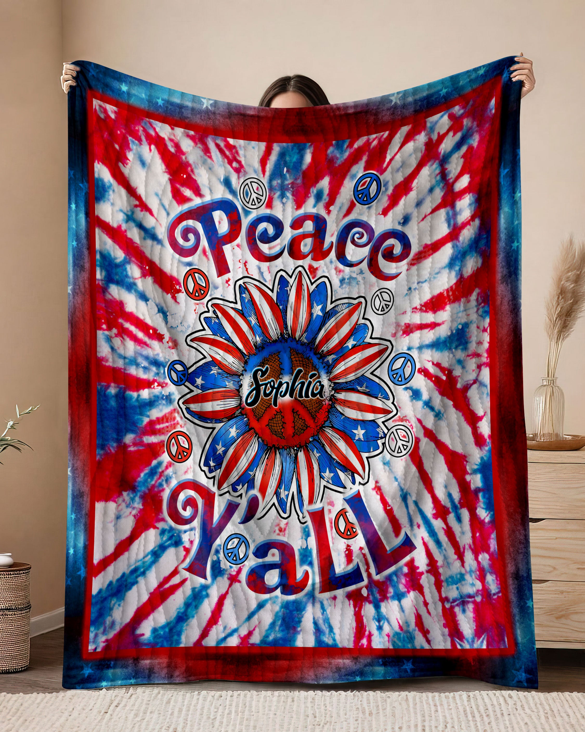 PERSONALIZED PEACE Y'ALL SUNFLOWER AMERICA TIE DYE FLEECE BLANKET  - TLTW2102253