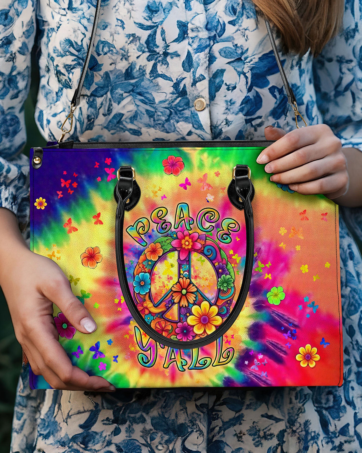 PEACE Y'ALL TIE DYE LEATHER HANDBAG - YHLN0508244