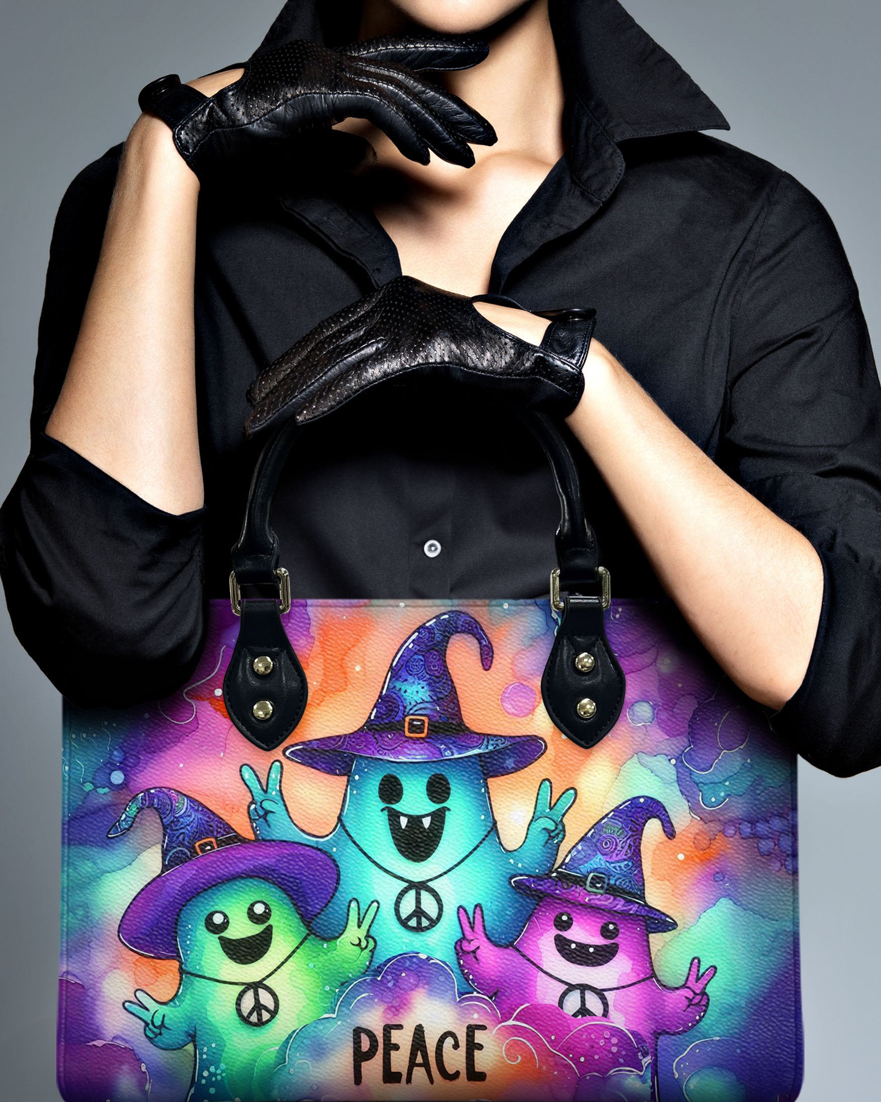 PEACE CUTE GHOST HALLOWEEN LEATHER HANDBAG - YHHN0808244