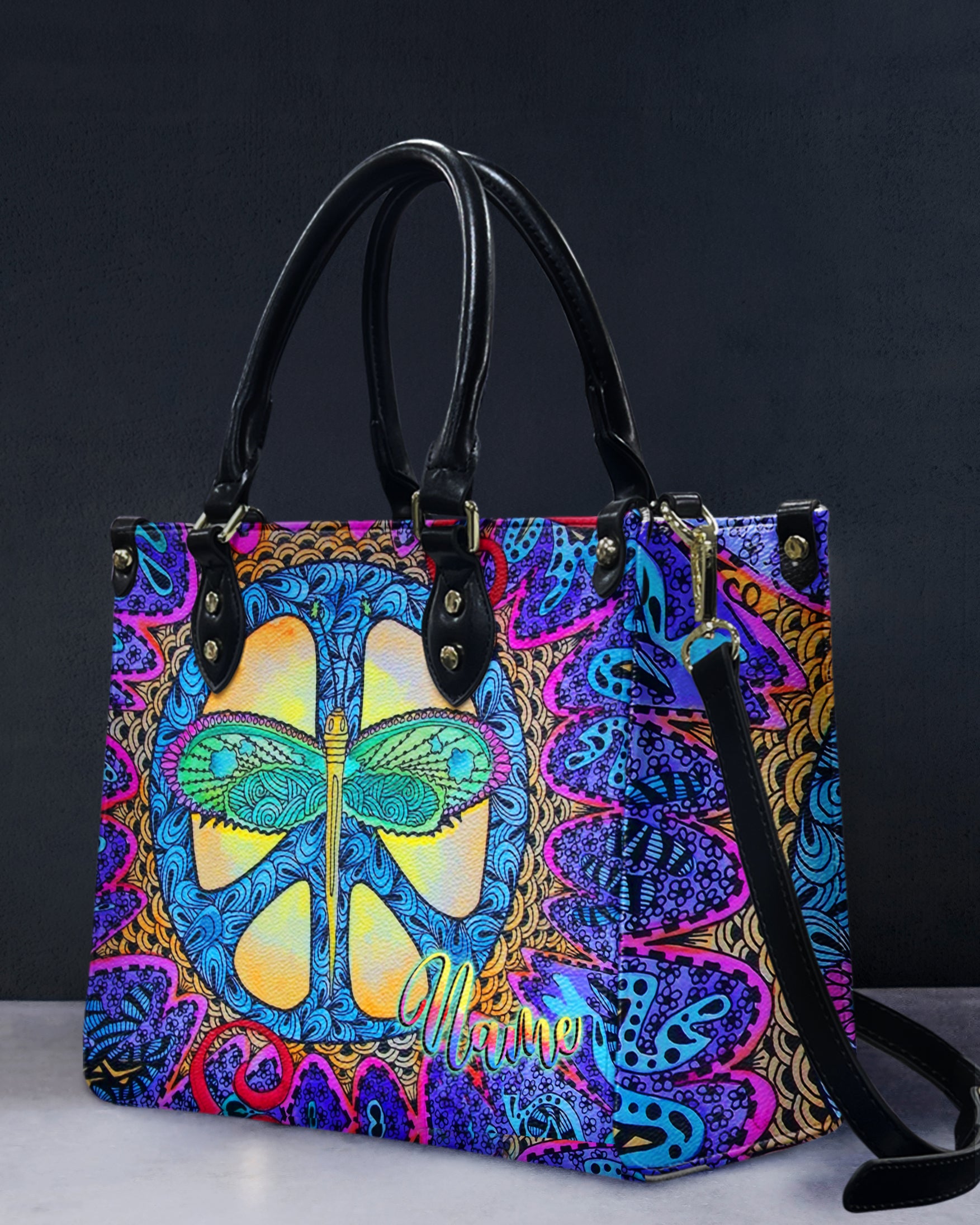 HIPPIE PSYCHEDELIC DRAGONFLY LEATHER HANDBAG - YHLT2309244