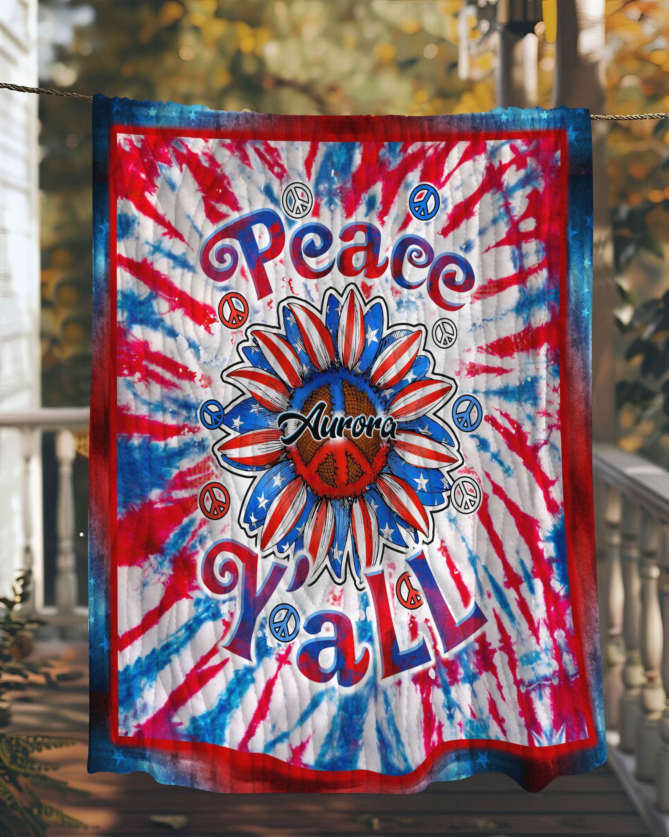 PERSONALIZED PEACE Y'ALL SUNFLOWER AMERICA TIE DYE FLEECE BLANKET  - TLTW2102253