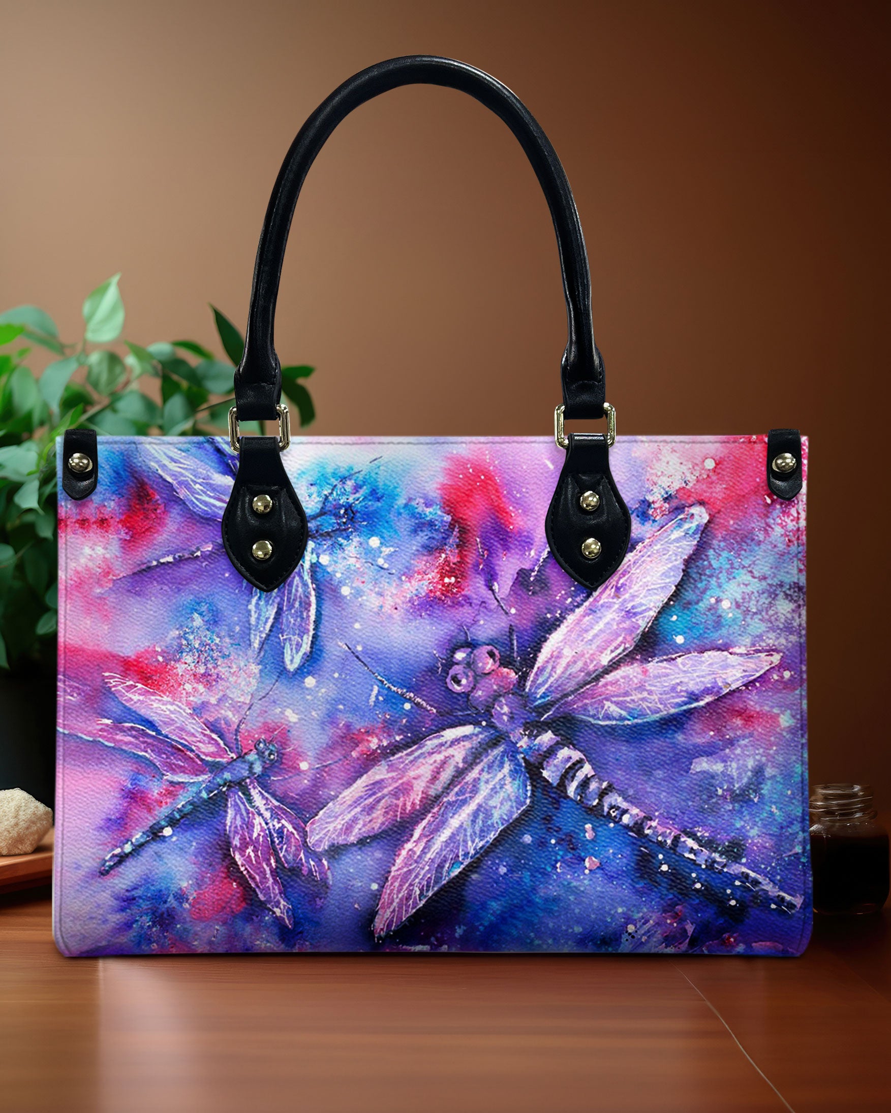 COLORFUL PAINTING DRAGONFLIES LEATHER HANDBAG - YHHN1010244