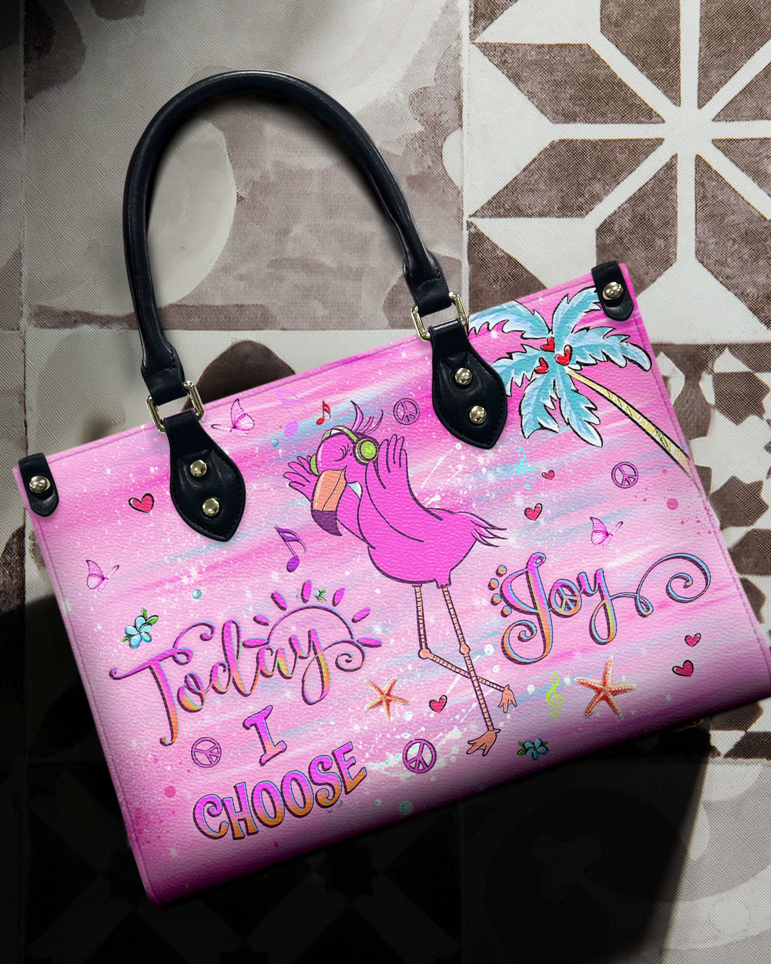 TODAY I CHOOSE JOY FLAMINGO LEATHER HANDBAG - YHLT0710244