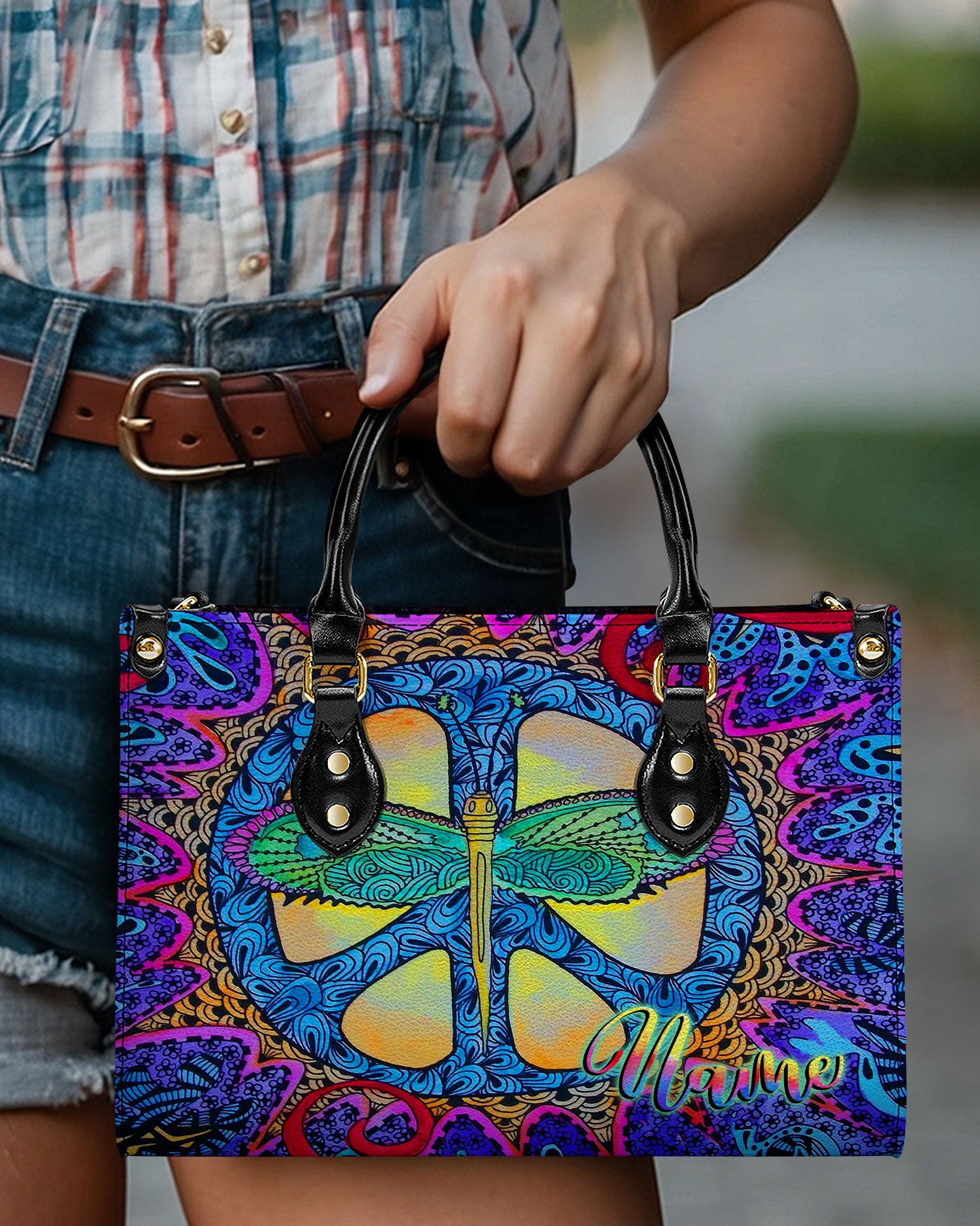 HIPPIE PSYCHEDELIC DRAGONFLY LEATHER HANDBAG - YHLT2309244