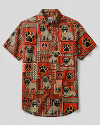 TRIBAL PUG DOG PATCHWORK BUTTON-DOWN COLLAR SHIRT - TLTW24082611