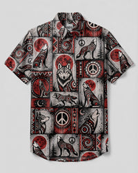 BLOOD MOON WOLF TRIBAL PATCHWORK BUTTON-DOWN COLLAR SHIRT - TLTW1908265