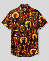 BLACK CAT MOONLIGHT PATCHWORK HALLOWEEN BUTTON-DOWN COLLAR SHIRT  - TLTW0709267
