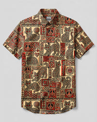 TRIBAL CAT PATCHWORK BUTTON-DOWN COLLAR SHIRT - TLTW2408265