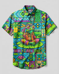 HIPPIE FROG VIBES PIXEL PATCHWORK BUTTON-DOWN COLLAR SHIRT - TYLN1908267