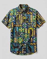 BOHO BLACK CAT PATCHWORK BUTTON-DOWN COLLAR SHIRT - TYLN1908262