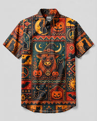 HIGHLAND COW WITH CAT HALLOWEEN HIPPIE PIXEL PATCHWORK BUTTON-DOWN COLLAR SHIRT - TYLN2008263