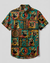RETRO PUG DOG PATCHWORK BUTTON-DOWN COLLAR SHIRT - TLTW2208265