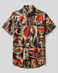 TRIBAL WOLF RED MOON PATCHWORK BUTTON-DOWN COLLAR SHIRT  - TLTW1410265