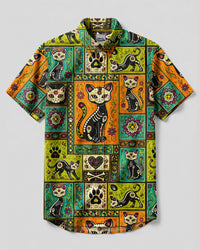 DIA DE LOS MUERTOS BLACK CAT MOSAIC BUTTON-DOWN COLLAR SHIRT  - TLHG0709263