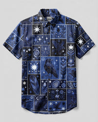 GOTHIC MIDNIGHT BLUE RAVEN PATCHWORK BUTTON-DOWN COLLAR SHIRT - TYLN0309268