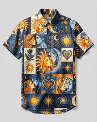 CELESTIAL SUN AND MOON LOVERS PATCHWORK BUTTON-DOWN COLLAR SHIRT - TYLN2808266