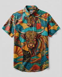 BOHO HIGHLAND COW PATCHWORK BUTTON-DOWN COLLAR SHIRT - TYLN1509263
