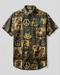 TRIBAL COWBOY PUG DOG PATCHWORK BUTTON-DOWN COLLAR SHIRT  - TLHG2408262
