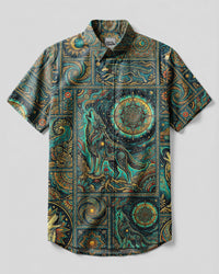CELESTIAL WOLF PATCHWORK BUTTON-DOWN COLLAR SHIRT - TYLN1509266