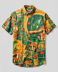 GROOVY FROG AND MUSHROOM PATCHWORK BUTTON-DOWN COLLAR SHIRT - TYLN0309265