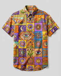 RETRO PEACE BUS AND EYE COLLAGE PATCHWORK BUTTON-DOWN COLLAR SHIRT - TYLN2708266