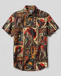 RETRO TRIBAL WOLF AND RAVEN PATCHWORK BUTTON-DOWN COLLAR SHIRT - TLHG0809266