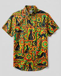 PLAYFUL BLACK CAT SWIRL PATCHWORK BUTTON-DOWN COLLAR SHIRT  - TLTW3009262
